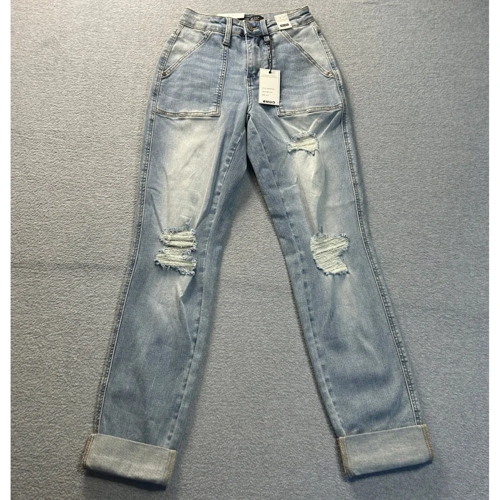 Judy Blue Boyfriend Jeans Womens 0/24 High Rise Utility Pocket Light Blue Denim